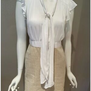 LOFT White Tie-Front Dress Ruffle Cap Sleeves White Gold Linen Size 8
